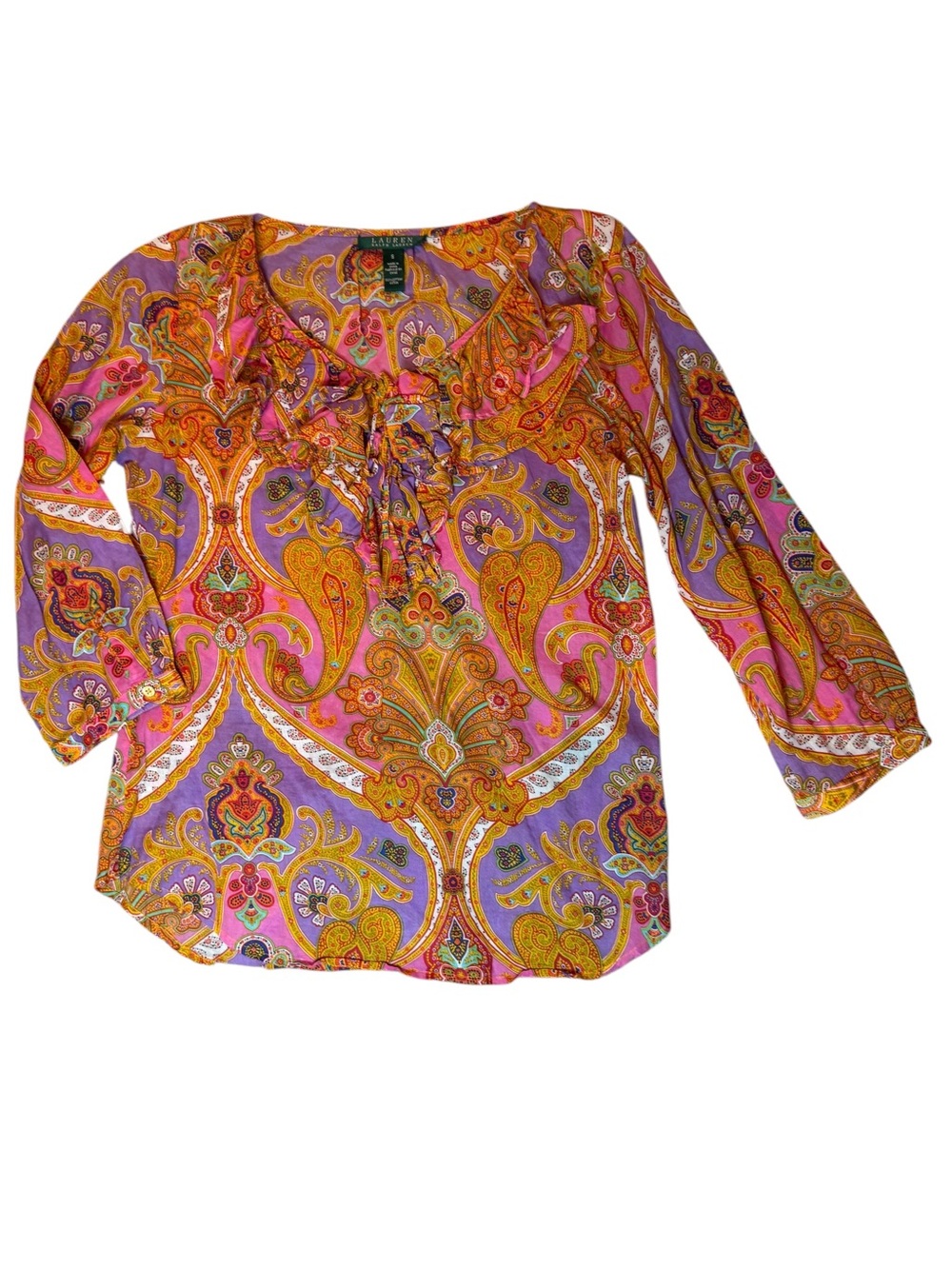 Ralph Lauren Pink and Gold Paisley Ruffled Peasant Top